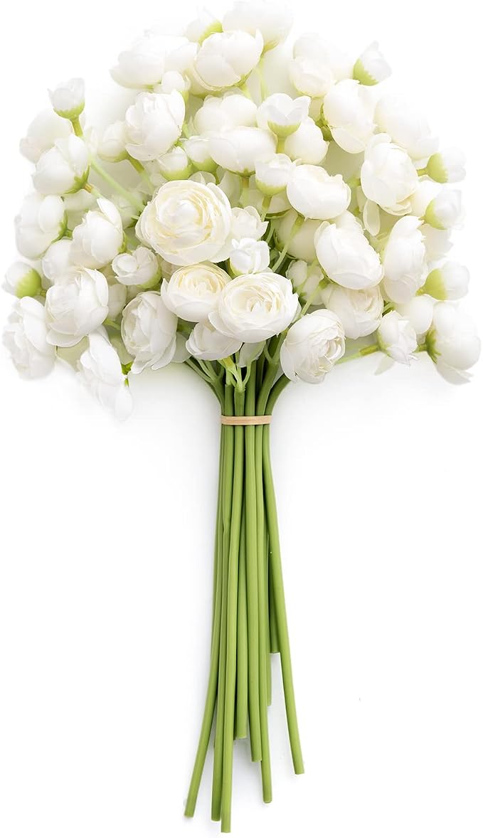 Ling's moment Fake Flowers Artificial Flower Faux Silk Ranunculus Ivory | Silk by LingsMoment