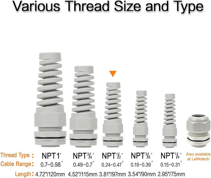 50Pcs NPT 1/2" IP68 Waterproof Cable Gland Flex Spiral Strain Relief Grey Nylon - Image 5
