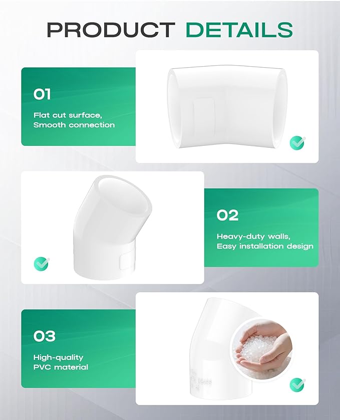 4-Pack 1-1/4 Inch 45 Degree PVC Elbow Pipe Fittings, Furniture Grade SCH40 PVC - Image 6