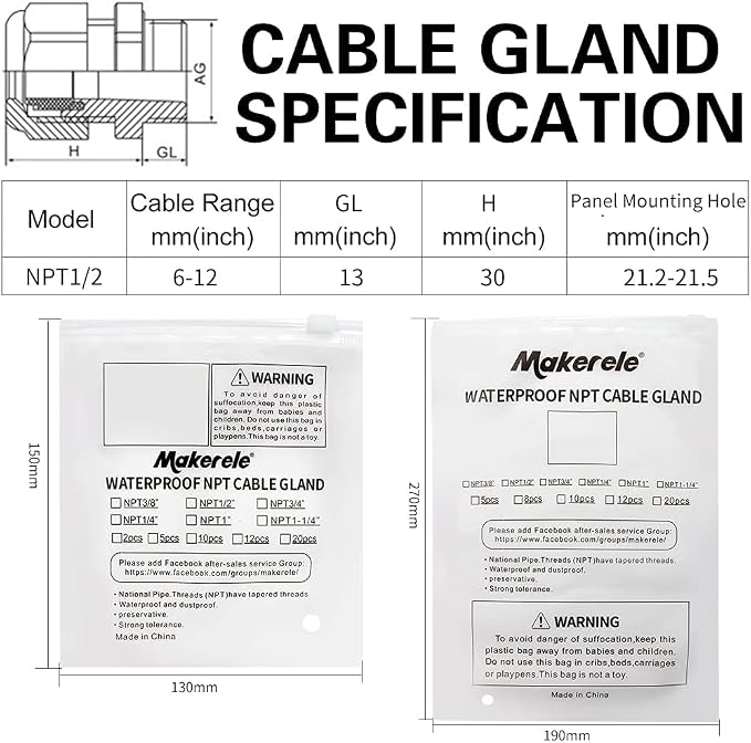 MAKERELE 1/2 NPT Nylon Cable Gland Strain Relief Connector Waterproof IP68 | - Image 7