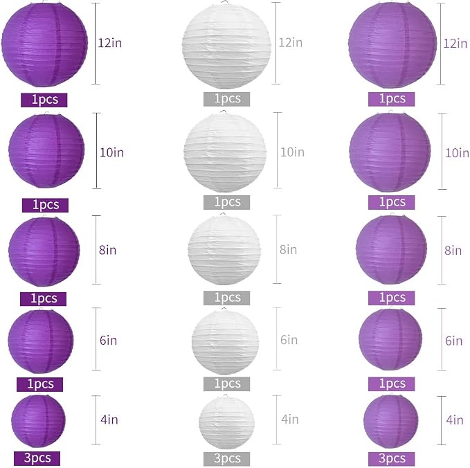 BEISHIDA Purple White Paper Lanterns 4/6/8/10/12 Inch Round Chinese Lamp | 10Pcs - Image 2