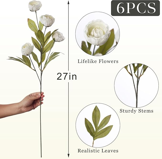 VIERENA 6 Pcs 27" Faux Silk Peony Artificial Flowers Stems - Image 5
