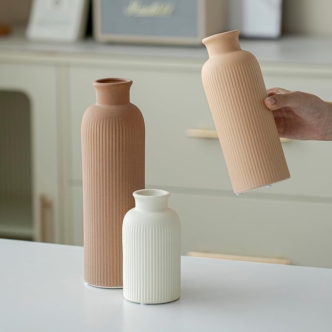 Modern Ceramic Vase Set, Earth Tone Natural Color Ribbed Matte Design, 3-Piece - Image 2