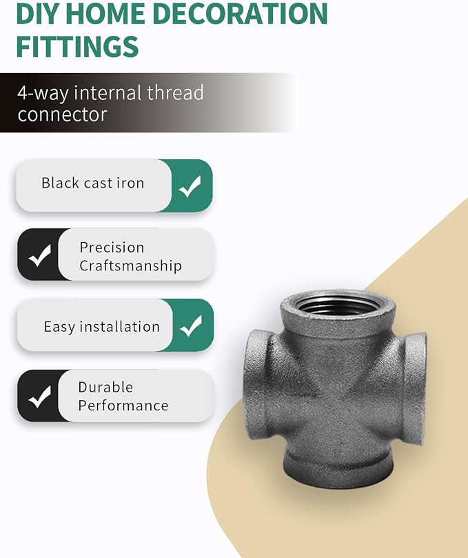 Black Cast Iron Cross Fitting 1" Female Thread, 4 Way Industrial Pipe Connector - Image 5