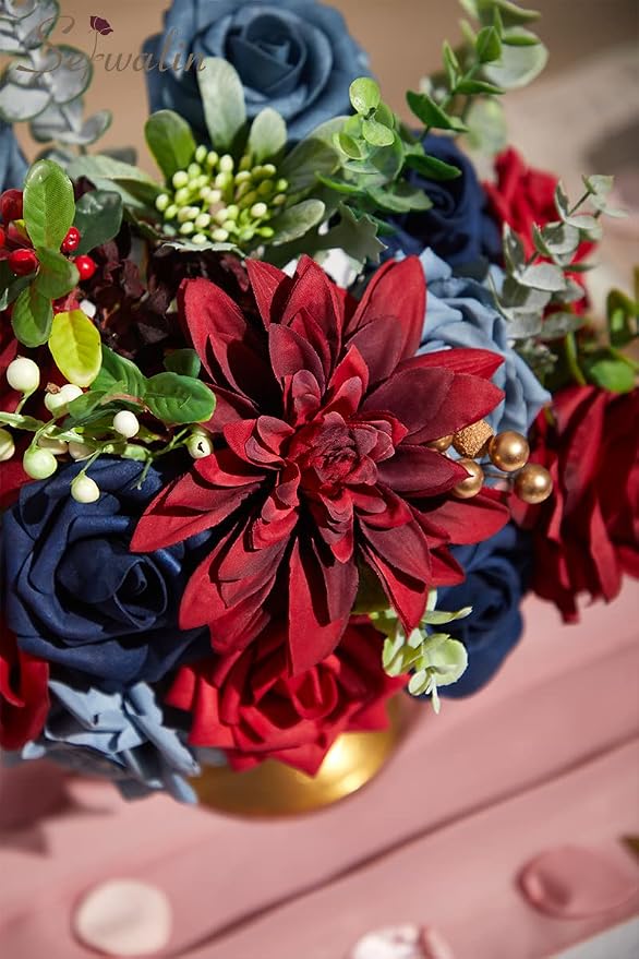 Serwalin Artificial Flowers Burgundy Navy Dahlia Silk Flowers - Image 6