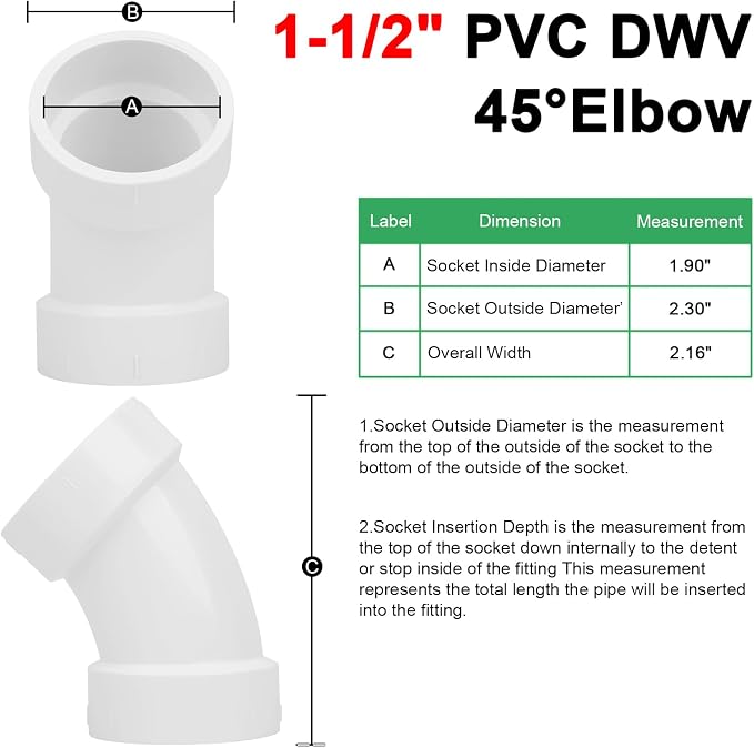 6Pack 1-1/2" PVC DWV Sanitary 45-Degree Elbow Pipe Fitting Connector White - Image 2