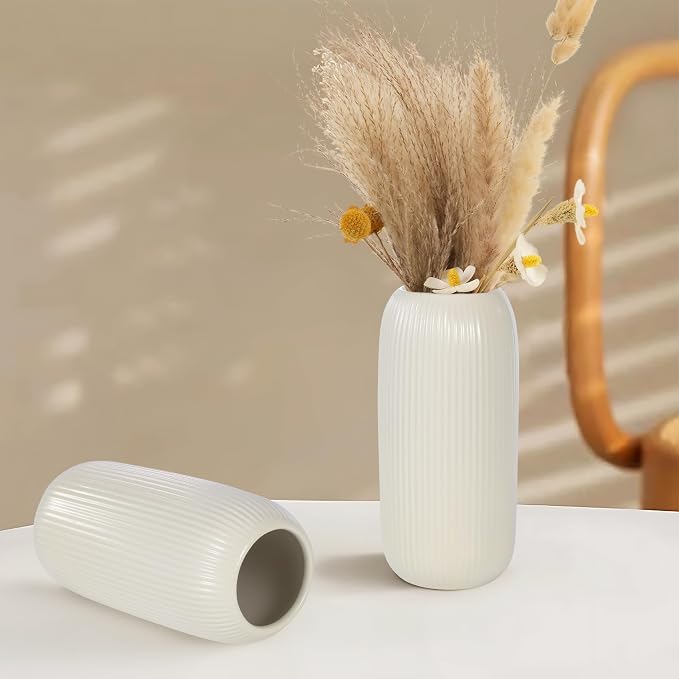 Ceramic Vase for Flowers – Modern Small Ribbed Textured Flower Vase for Home - Image 3