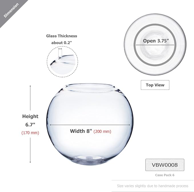 WGV Bowl Glass Vase, Diameter 8", Height 6.5", Open Width 3.75", 1 Piece - Image 2