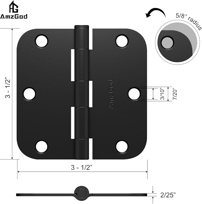 Door Hinges Matte Black 3.5 Inch Rounded 5/8" Radius 12 Pack | Black Interior - Image 5