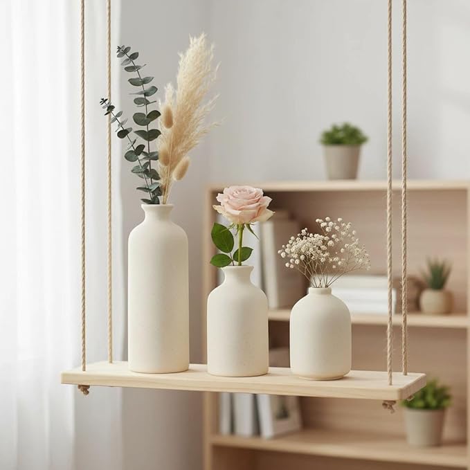 Small Beige Ceramic Vase Set of 3, Modern Boho Farmhouse Flowers Vases | - Image 4