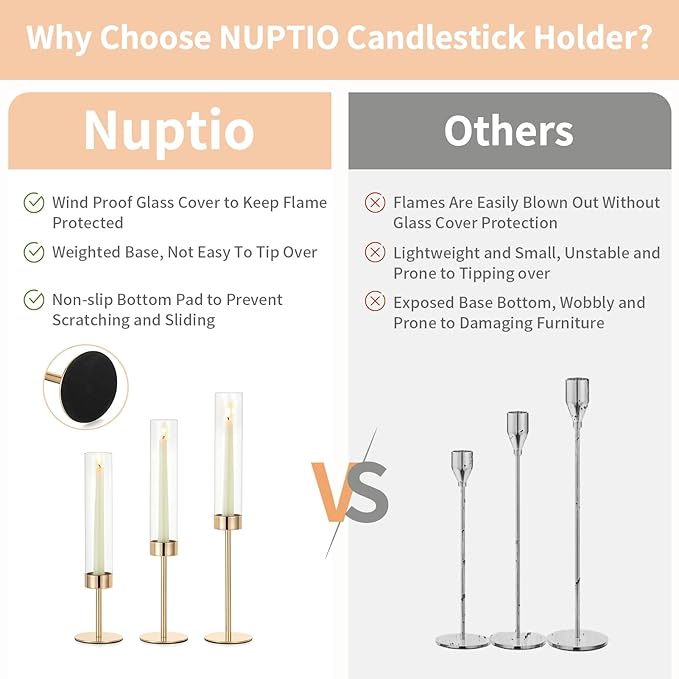 NUPTIO Hurricane Candle Holder for Candlestick: 6 Pcs Gold Taper Candlestick - Image 5