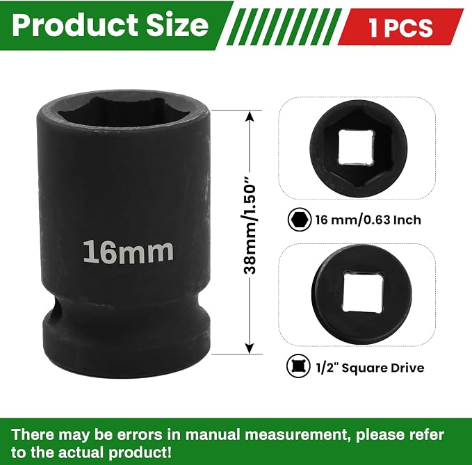1/2" Drive 16mm Deep Impact Socket, 6 Point Chrome Molybdenum Steel Heavy Duty - Image 2