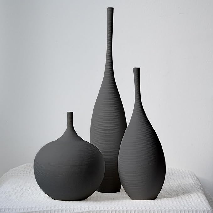 Relexome Black Ceramic Vase Modern Boho Wabi-Sabi Flower Vase Set of 3 by Relexome