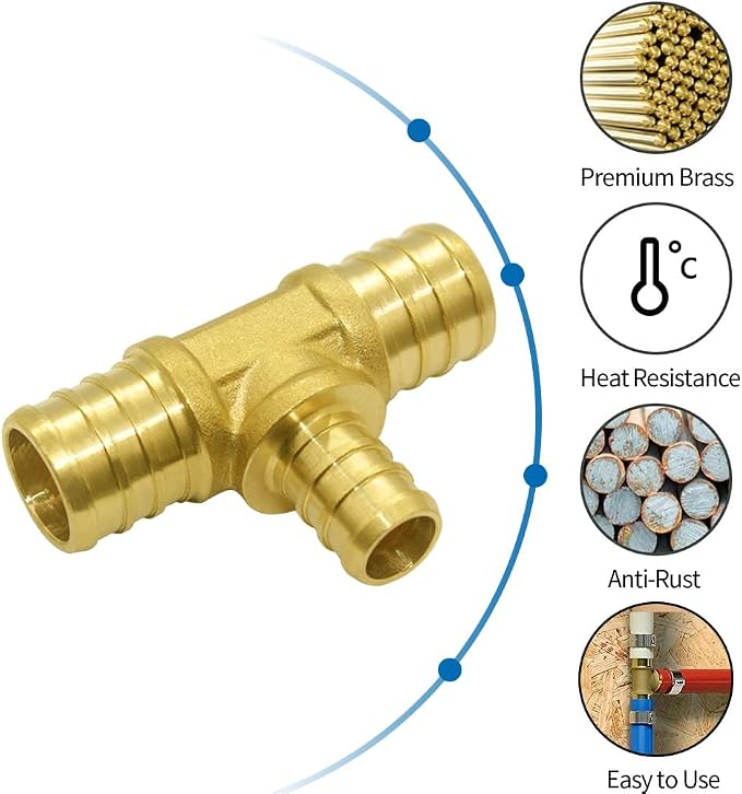 Hooshing 12PCS 3/4" x 3/4" x 1/2" Pex Reducing Tee Fittings, Brass Barb Crimp - Image 2