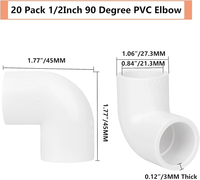 20 Pack 1/2" 90 Degree Elbow Pipe Fittings 2 Way Right Angle PVC Pipe Fitting - Image 2