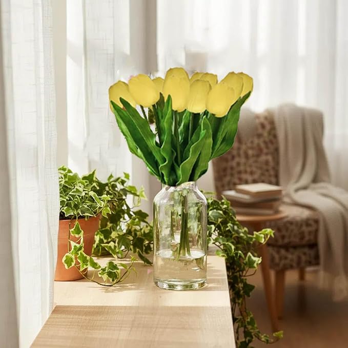 Mandy's 6pcs Artificial Yellow Tulips | 17.7 Inch Lifelike PU Tulips Faux - Image 3
