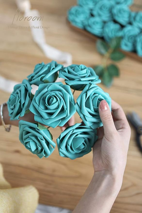 Artificial Flowers 50pcs Real Looking Teal Green Foam Fake Roses - Image 3