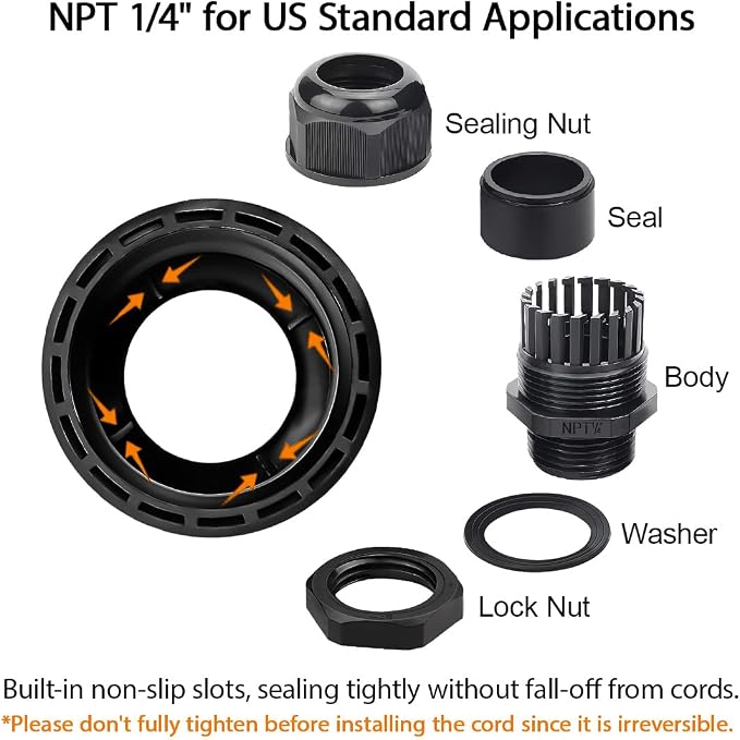 50 Pack NPT 1/4" Cable Glands Waterproof Adjustable 4-8mm Cable Connectors - Image 4