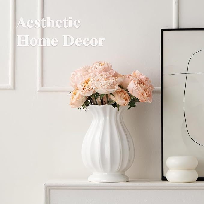 White Ceramic Vase, 7.8 Inch Flower Vase Home Decor Modern Decorative Vases | - Image 3