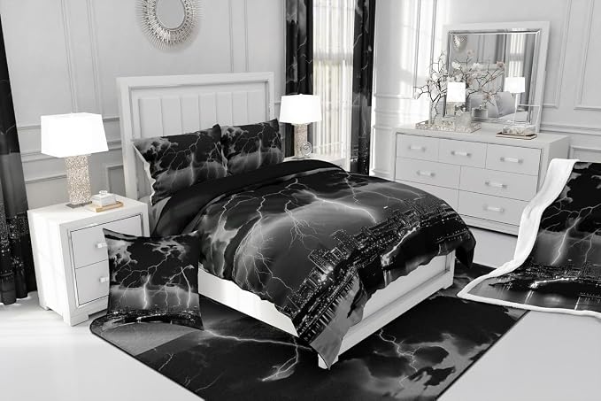 jejeloiu Grey Thunder Lightning Window Drapes Cool Flashing Lightning Blackout - Image 7