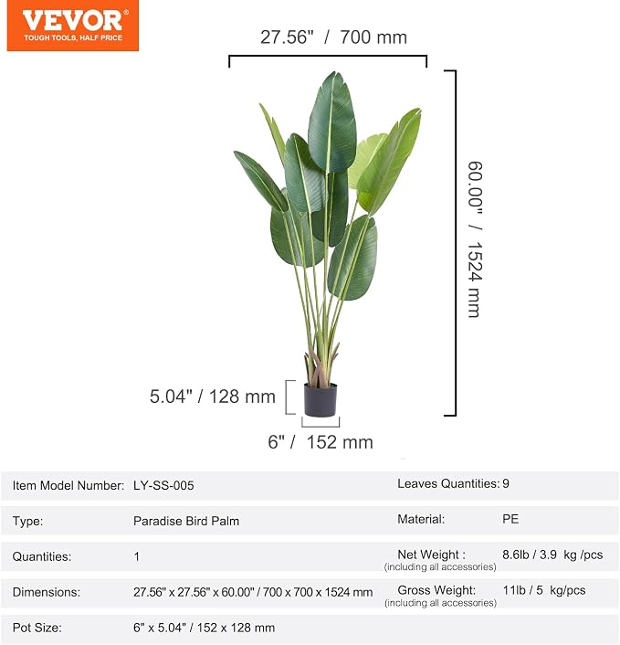 VEVOR Artificial Bird of Paradise Tree, 5 FT Tall Faux Plant, PE Material & - Image 7