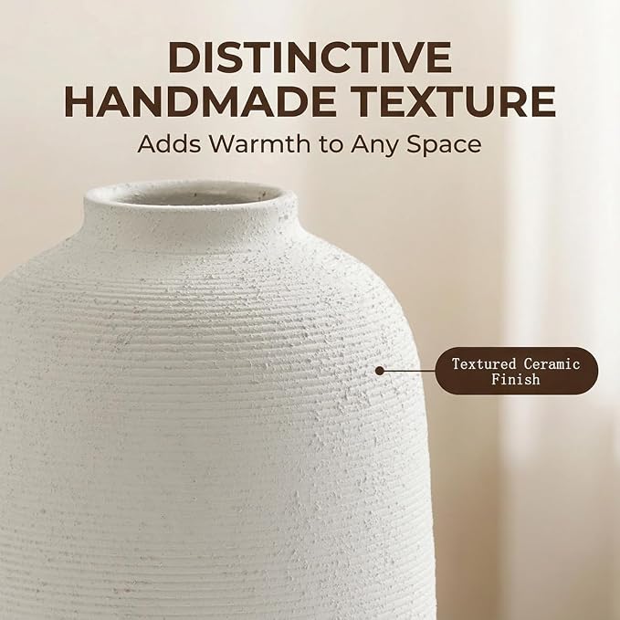 White Ceramic Flower Vase, 10.8" H | Tall Farmhouse Style, Hand-made Textured - Image 3