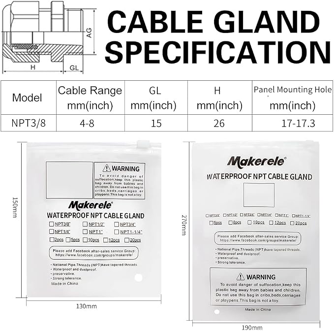 MAKERELE 3/8” NPT Cable Glands Kit Waterproof Strain Relief Connector | 3/8 Inch - Image 5