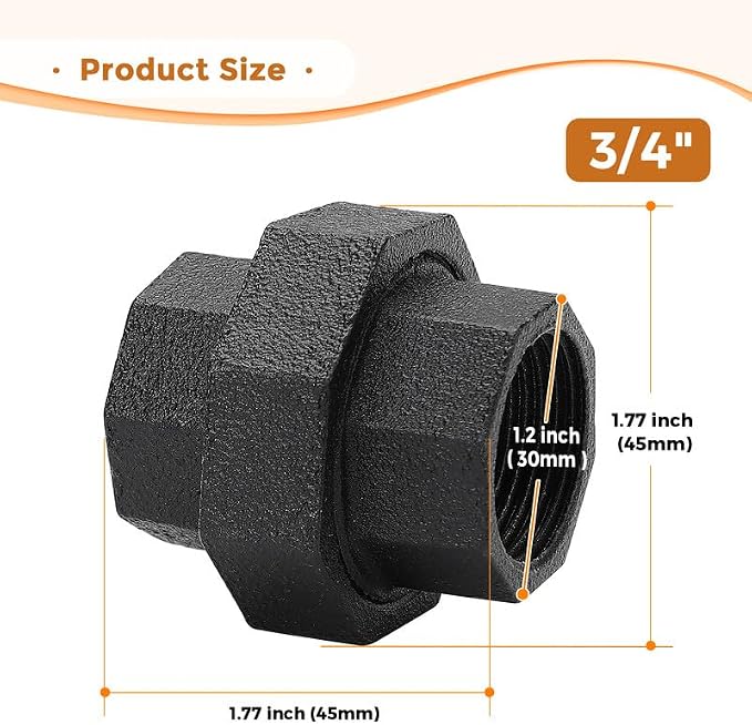 3/4" Black Pipe Fitting Union Home Expert 10 Pack | Malleable Cast Iron Pipe - Image 3