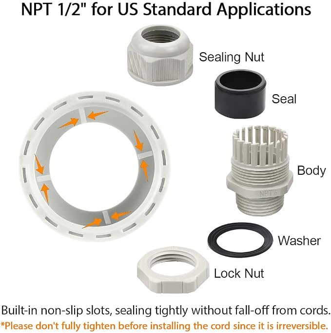 20 Pack NPT 1/2" Cable Glands Waterproof Adjustable 6-12mm Cable Connectors - Image 4