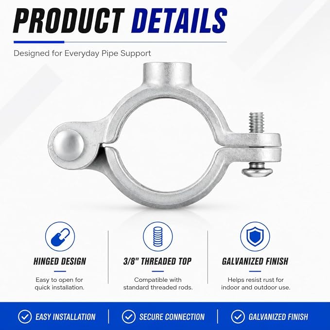 10 Pack 3/4'' Silver Hinged Split Ring Pipe Hanger, Galvanized Iron - Image 3