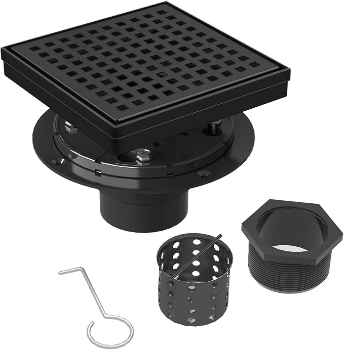 6 Inch Matte Black Square Shower Drain by MERRYDO