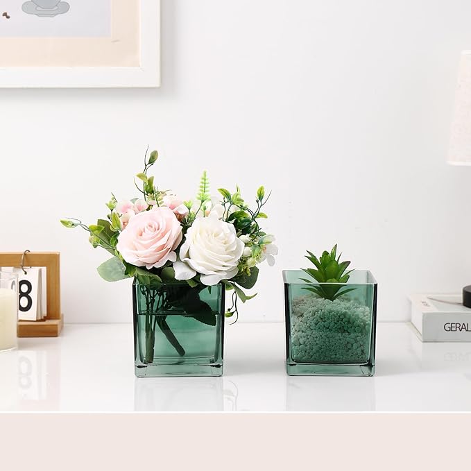 Square Green Glass Vases Set of 6, Square Vase - Image 4