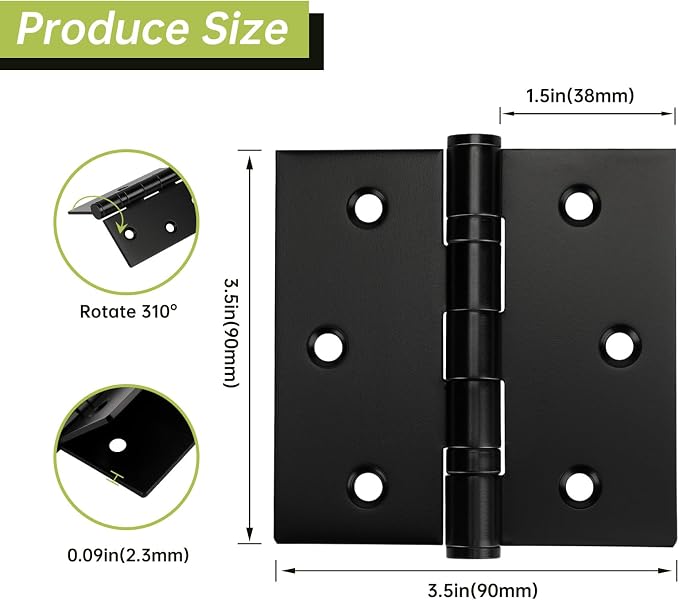 6 Pack Black Door Hinges 3.5 x 3.5 Inches, Heavy Duty Stainless Steel Ball - Image 2