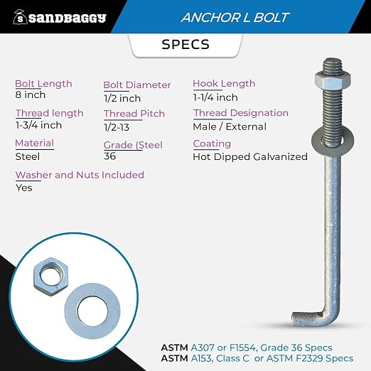 Sandbaggy 1/2" x 8" Threaded Concrete Anchor L-Bolts - Image 2