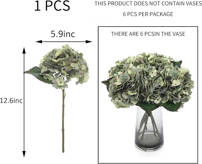 Kimura's Cabin 6pcs Hydrangea Artificial Flowers Fake Hydrangeas, Mint Green | - Image 2