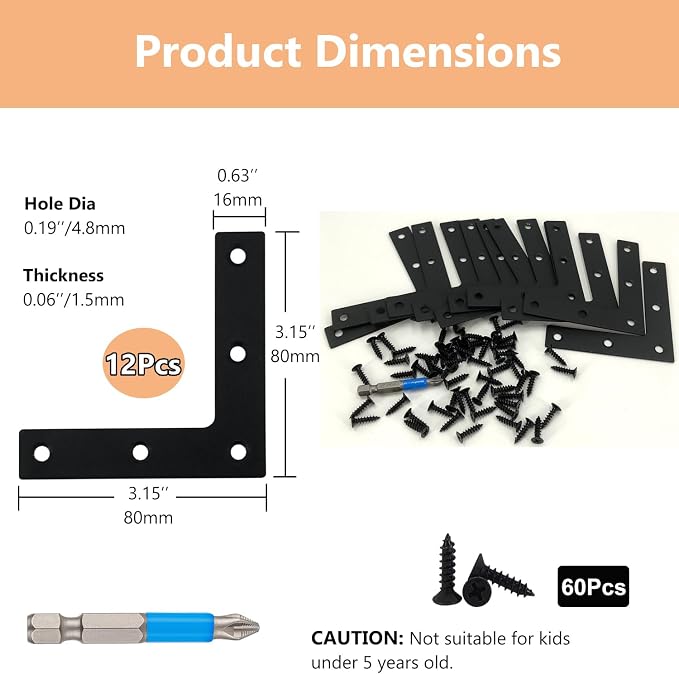 QSJ 12 Pcs L Flat Straight Brackets Corner Bracket Set 3.15'' Bracket Brace - Image 2