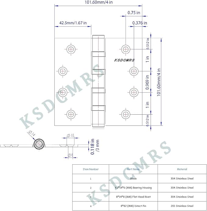 KSDCRMS Red Bronze 4 inch Stainless Steel Door Hinges, Heavy Duty - Image 2
