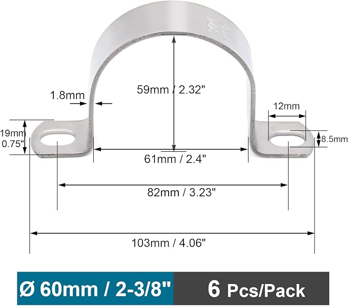 6 pcs 2-3/8" Conduit Clamp 304 SS Pipe Support U Bracket, Tube Clamps - Image 2