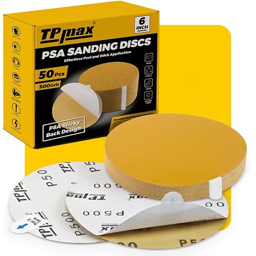 6-Inch 500-Grit Gold PSA Sanding Discs, 50 Pack – Pro-Grade Self-Adhesive by TPmax