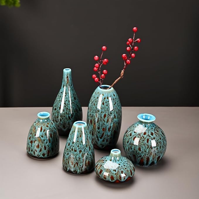 Ceramic Bud Vase Set, Fambe Blue Glazed Finish, Decorative Flower Vases - Image 8