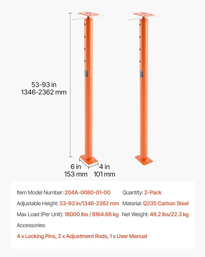 VEVOR House Floor Jacks, 2 Pack, 53-93 inch, 18000 lbs Load Capacity Set | - Image 7