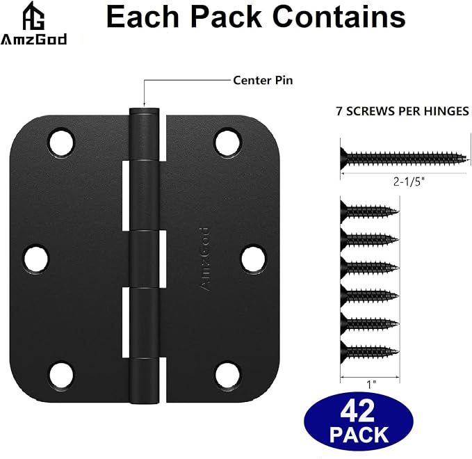Door Hinges Matte Black 3.5 Inch Rounded 5/8" Radius 42 Pack | Black Interior - Image 3