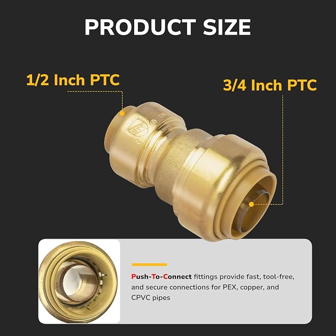 Push-Fit Reducing Coupling, 3/4" to 1/2" Brass Plumbing Fitting - Image 2
