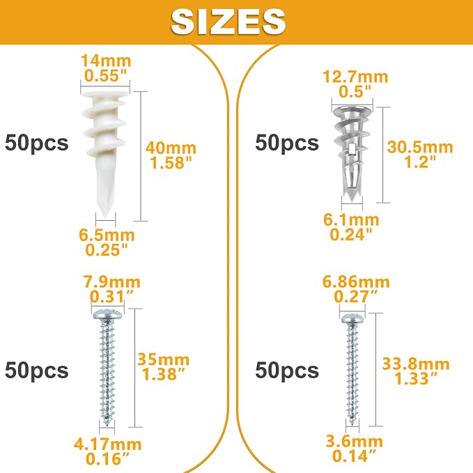 Self Drilling Drywall Anchors Assortment Kit, Curtain Rods, Art Hanging - Image 2