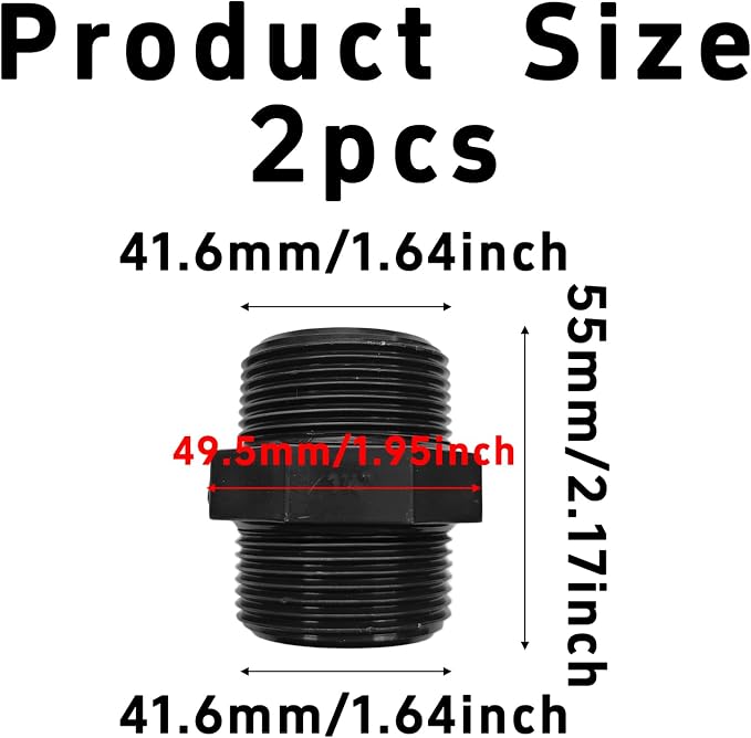 2PCS 1-1/4" PVC Hex Nipple Fitting, G1-1/4 X G1-1/4 Male Thread Coupling Adapter - Image 2