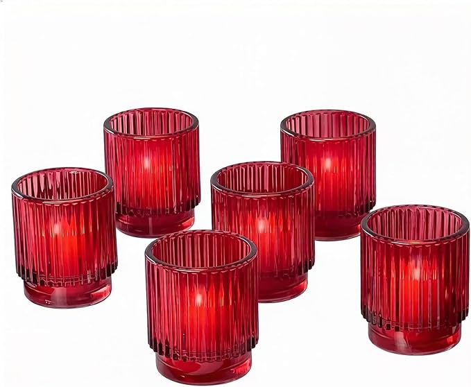 Kate Aspen Vintage Ribbed Red Glass Candle Holders Set of 6 by KateAspen