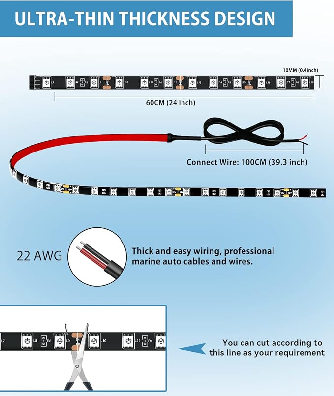 Keiurot 12V Led Light Strip for Cars 24Inch Connectable & Waterproof, - Image 6