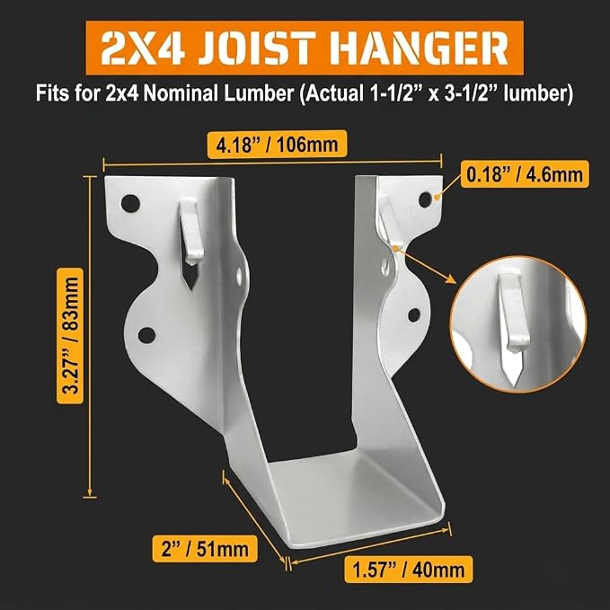 50 Pack 2x4 Joist Hangers, 18 Gauge Galvanized Face Mount | Wood connectors - Image 2