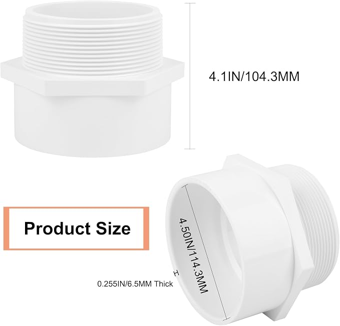 4" PVC Male Adapter Pipe Fittings, 2-Way PVC Slip Hose Adapter Coupling - Image 2