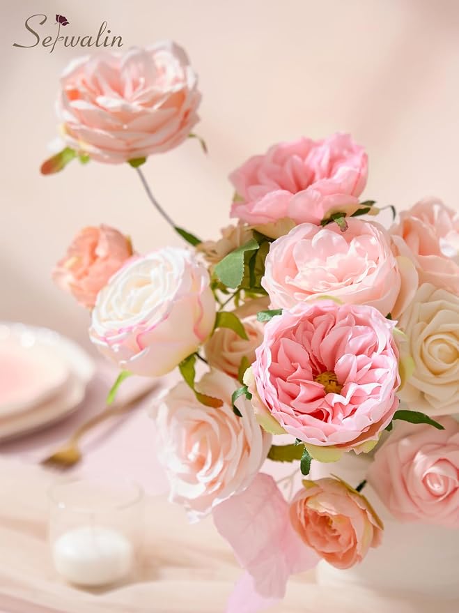 Serwalin 2PCS Artificial Flowers Pink Flowers Fake Silk Flowers - Image 4